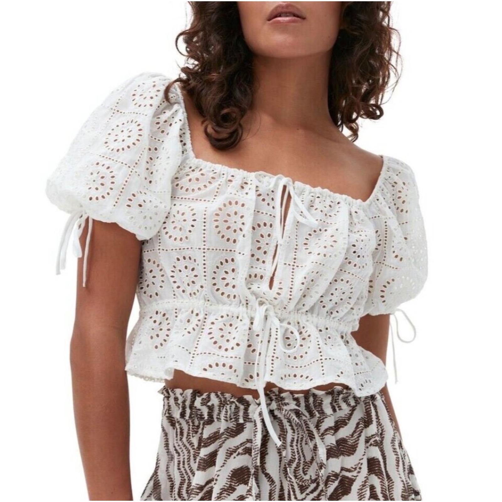 Ganni Womens White Broderie Anglaise Eyelet Cropped Top Blouse Size 100% Cotton